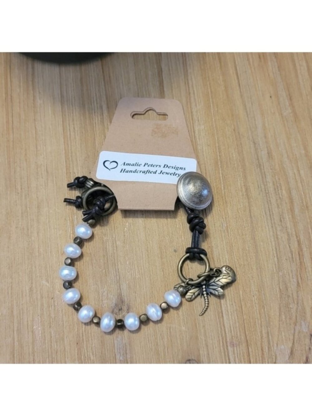 NEW Amalie Peters Ivory Pearl Brown Leather Button Boho Bracelet